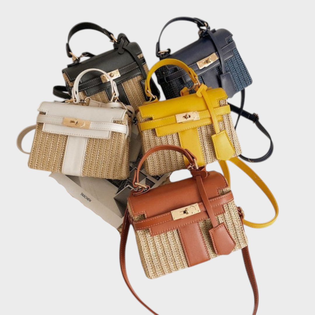 Women's Woven Straw Leather Mini Crossbody Bag | Tan Turn-Lock Smart Casual Everyday Handbag | Smart Casual Going Out Everyday Bag