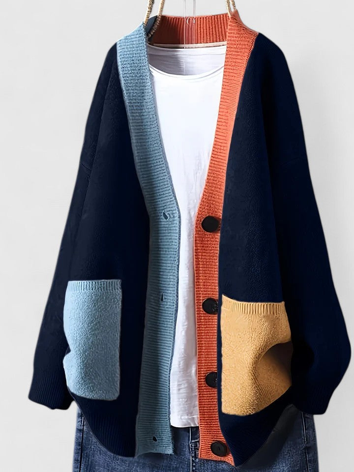 Damen-Cardigan mit Farbblockdesign und offenem Vorderteil | Gemütlicher lässiger Cardigan mit auffälligem Kontrastrand und Knöpfen | Lässige Strickkleidung für Herbst und Winter im Alltag