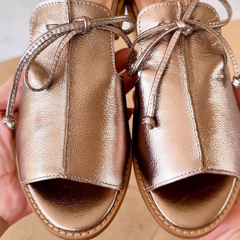Elegant Flat Metallic Women's Sandals | Women's Strappy Summer Bow Sandals | Glossy Comfortable Flat Women's Sandals