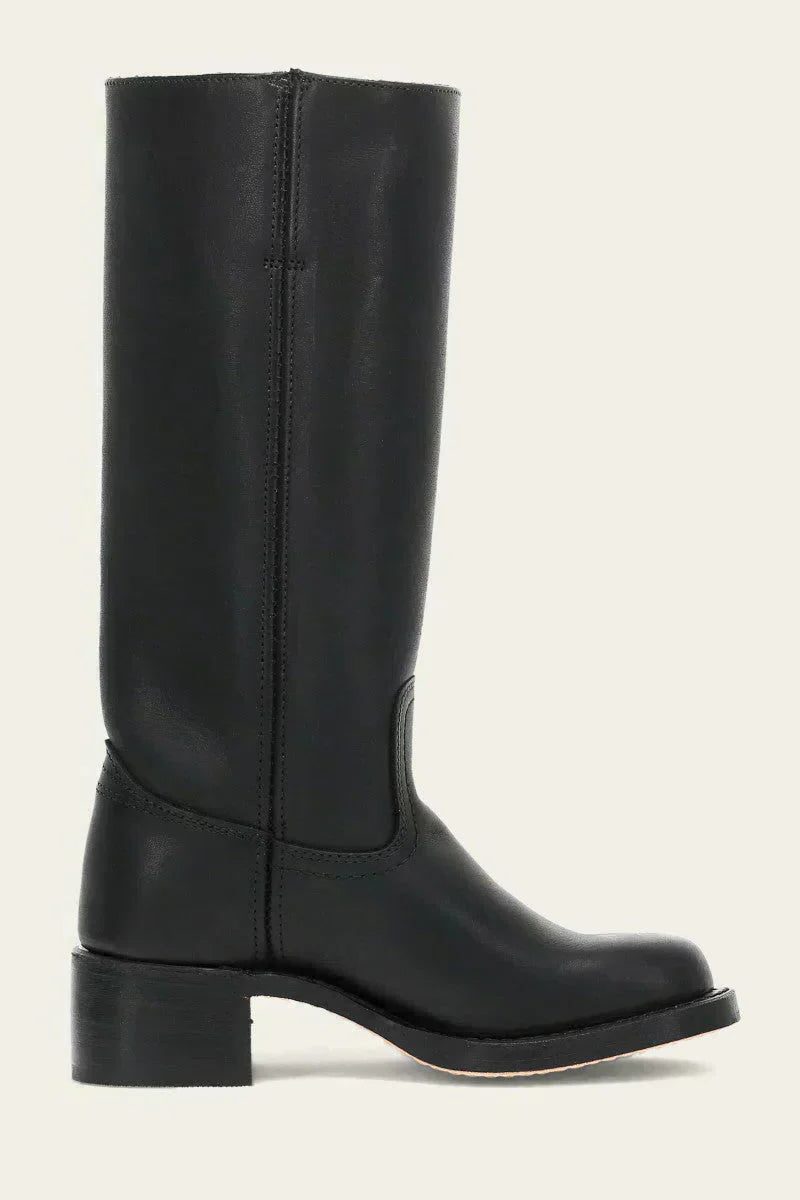Damenhohe Reitstiefel aus Leder zum Hineinschlüpfen | Klassische dunkelbraune lässig-elegante Stiefel mit Blockabsatz | Lässig-elegante Alltagstiefel für Herbst und Winter