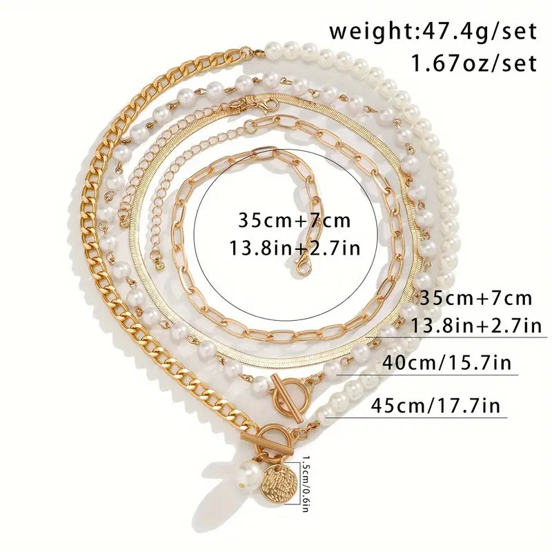 Women's Gold Pearl Snake Chain Layered Necklace Set | 4-Piece Toggle Coin Pendant Chain Set | Casual Going Out Everyday Jewellery