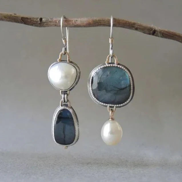 Asymmetrische Ohrhänger für Damen mit Perlen und Labradorit | Vintage-Steinohrringe mit Haken zum Ausgehen | Elegantes Schmuckaccessoire