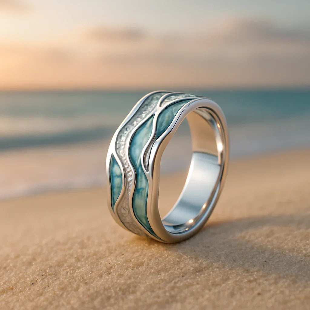Silberner Ring mit Wellenstruktur für Damen | Statement-Ring mit blauem Emaille-Ozeanwellenmotiv | Lässiges Schmuckaccessoire für jeden Tag
