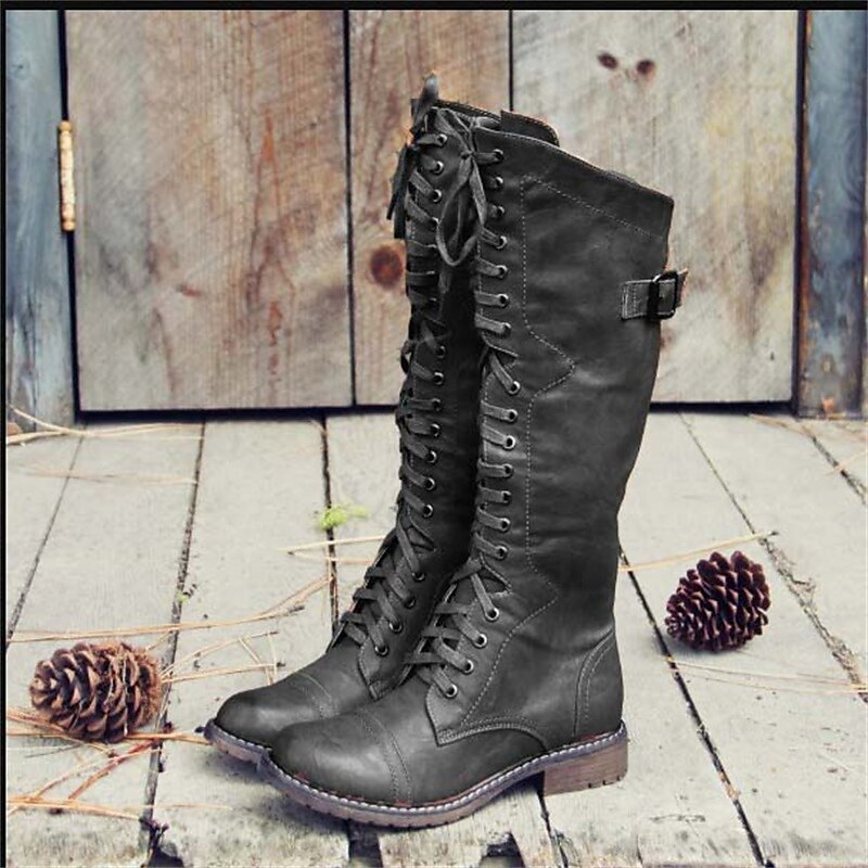 Women's Tall Lace-Up Knee-High Riding Boots | Tan Leather-Look Classic Casual Everyday Boots | Smart Casual Everyday Autumn Winter Boots