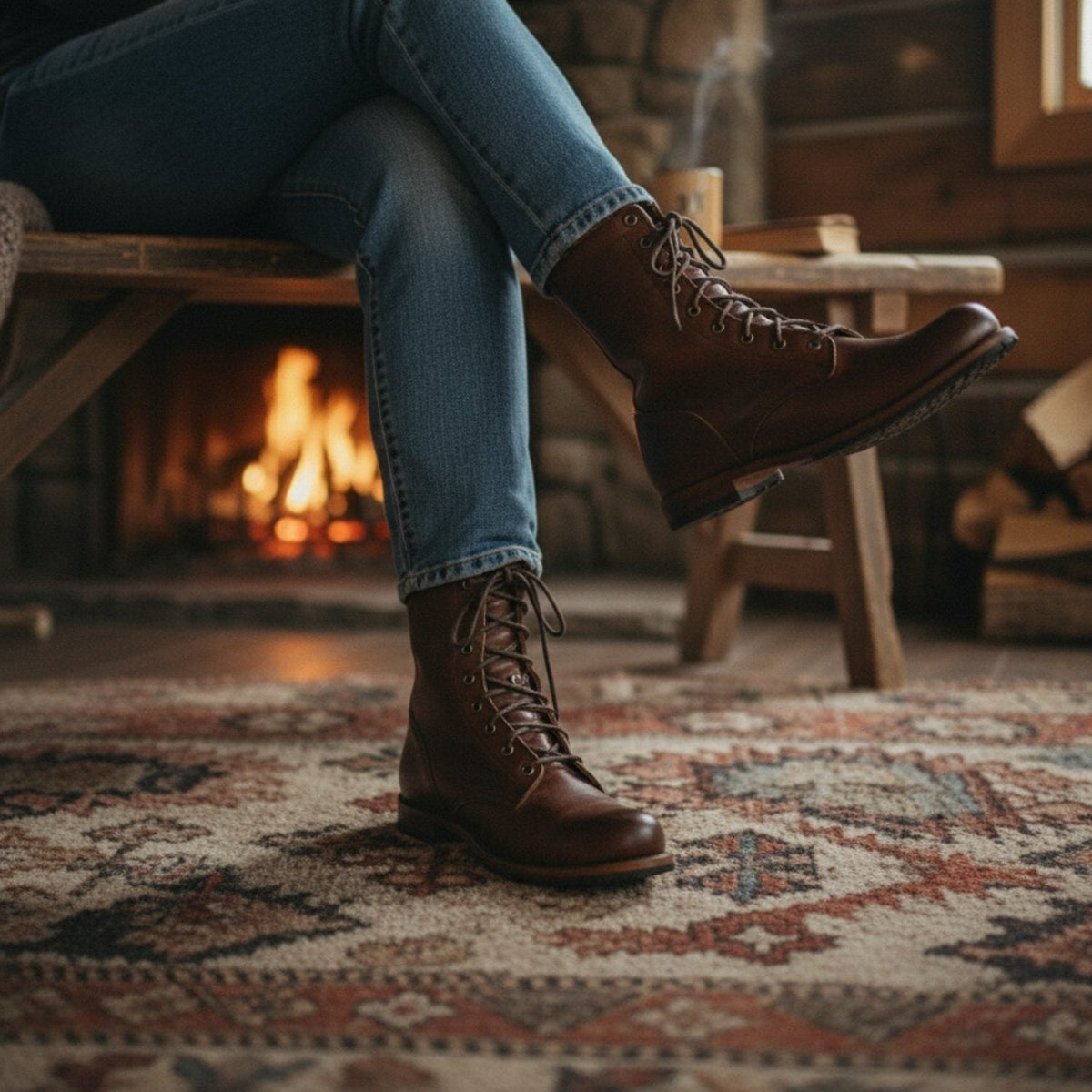Damen-Militärstiefel aus Leder mit Schnürsenkeln und mittelhohem Schaft | Klassische braune lässig-elegante Alltagstiefel | Lässig-elegante Alltagstiefel für Herbst und Winter