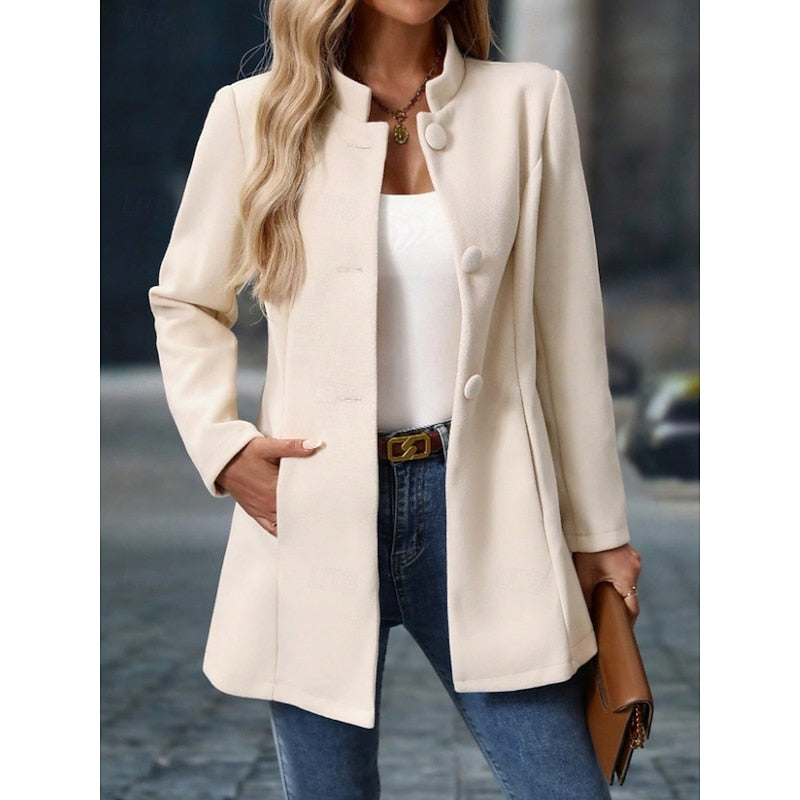 Women's Elegant Stand-Collar Button Coat | Ivory Fitted Wool-Feel Classic Smart Winter Coat | Smart Casual Office Formal Autumn Winter Outerwear