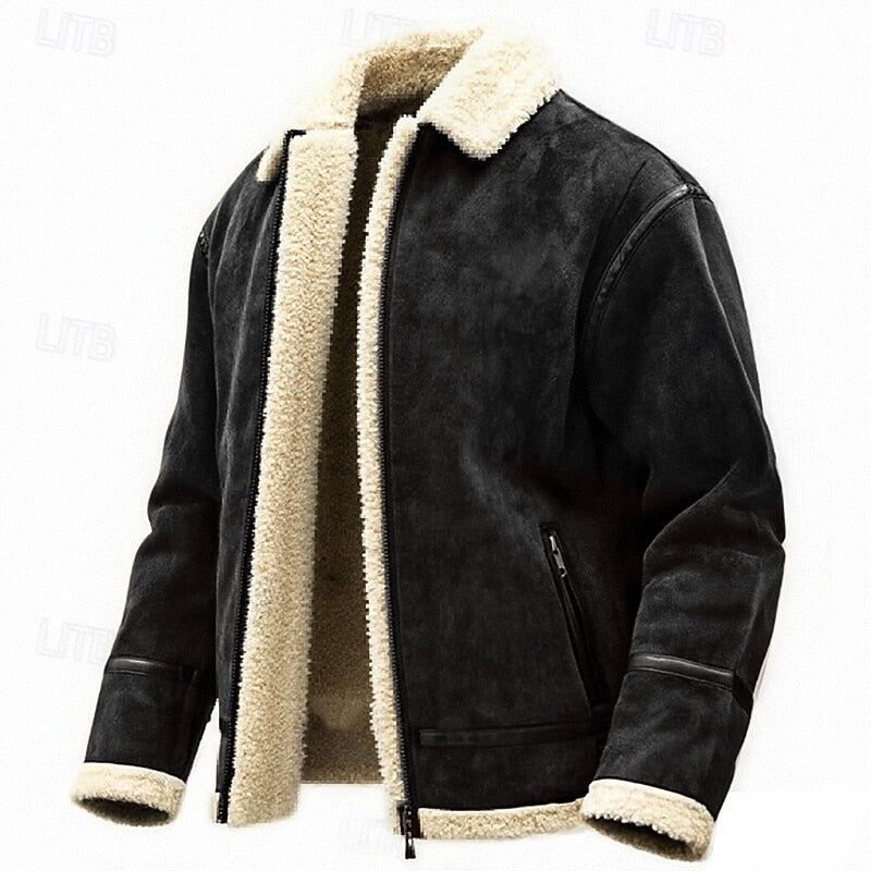 Men's Sherpa-Lined Suede Aviator Jacket | Warm Black Shearling Lapel Casual Leather Jacket | Smart Casual Everyday Autumn Winter Outerwear