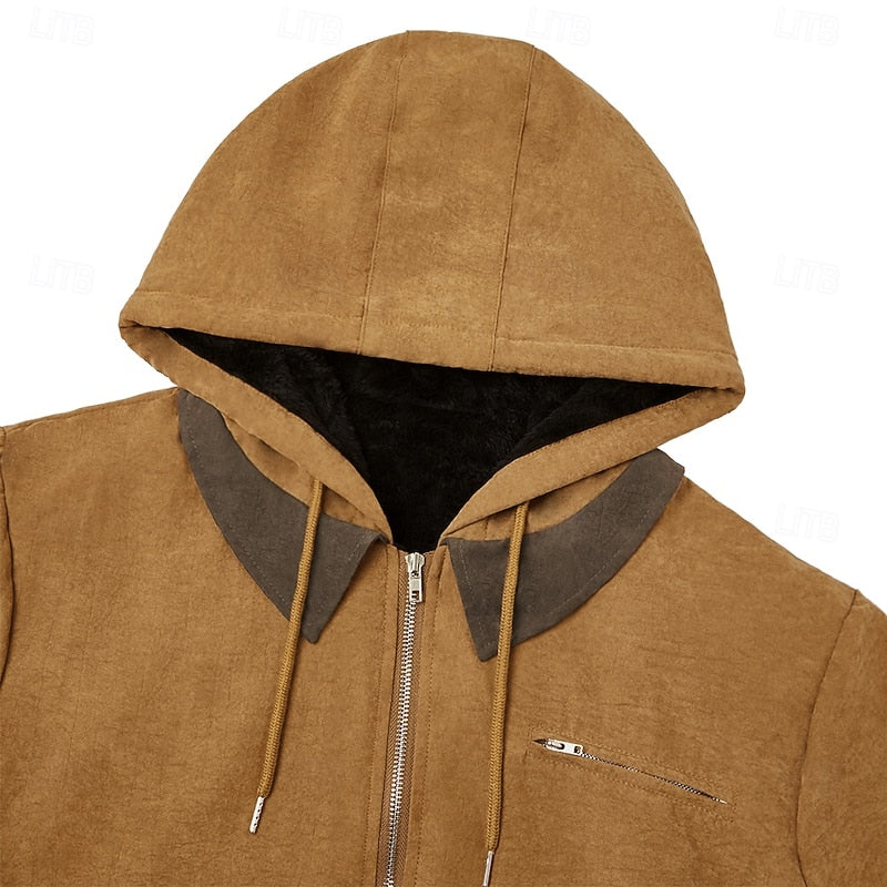 Men's Fleece-Lined Hooded Canvas Zip-Up Jacket | Warm Khaki Casual Everyday Winter Jacket | Smart Casual Everyday Autumn Winter Outerwear