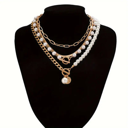 Women's Gold Pearl Snake Chain Layered Necklace Set | 4-Piece Toggle Coin Pendant Chain Set | Casual Going Out Everyday Jewellery