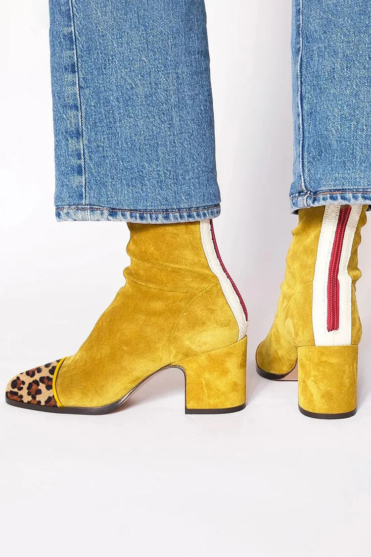 Stiefeletten für Damen aus Veloursleder mit Blockabsatz | Lässige Stiefel mit senffarbener Leoparden-Zehenkappe zum Ausgehen | Elegant-lässige Stiefel für Herbst und Winter