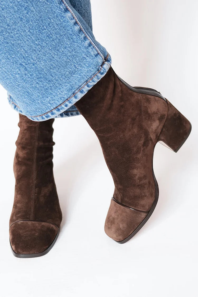 Stiefeletten für Damen aus Veloursleder mit Blockabsatz | Lässige Stiefel mit senffarbener Leoparden-Zehenkappe zum Ausgehen | Elegant-lässige Stiefel für Herbst und Winter