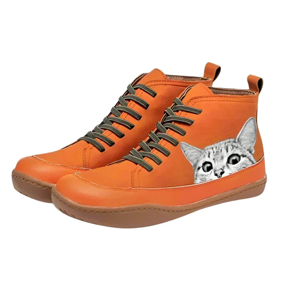 Women's Cat Print High-Top Lace-Up Boots | Fun Novelty Leather-Look Ankle Boots | Casual Everyday Streetwear Shoes