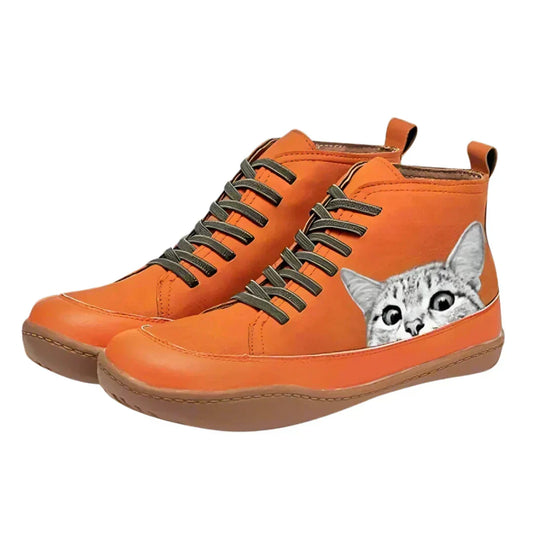Women's Cat Print High-Top Lace-Up Boots | Fun Novelty Leather-Look Ankle Boots | Casual Everyday Streetwear Shoes