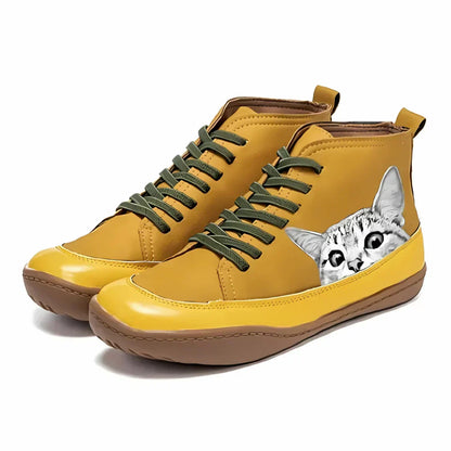 Women's Cat Print High-Top Lace-Up Boots | Fun Novelty Leather-Look Ankle Boots | Casual Everyday Streetwear Shoes