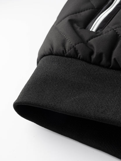 Men's Quilted Fleece-Lined Bomber Jacket | Warm Diamond-Stitch Black Casual Everyday Bomber | Smart Casual Everyday Autumn Winter Outerwear