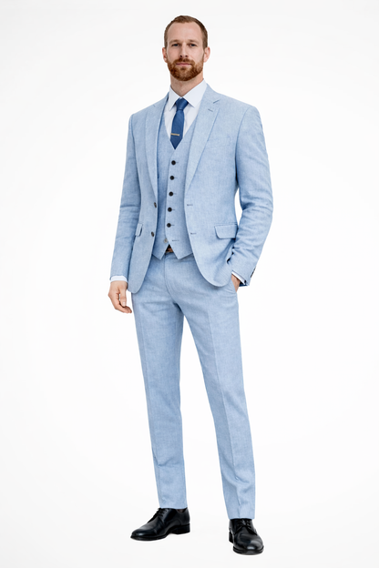 Men's Suit Three-Piece Linen | Blazer Waistcoat Trousers Wedding | Wedding Suit Light Blue Elegant