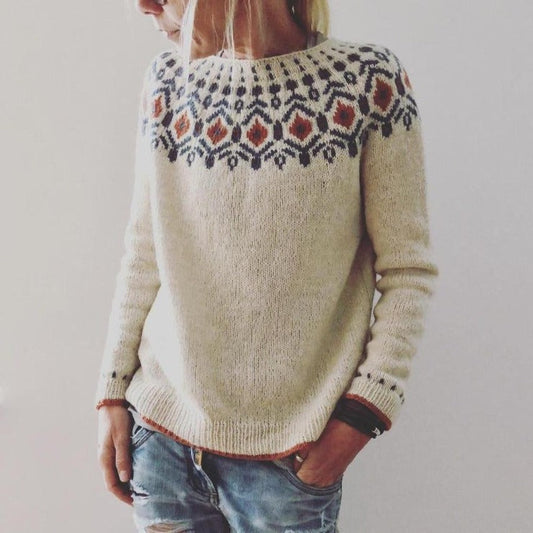 Women's Patterned Pullover – Khaki Knit Sweater for Fall