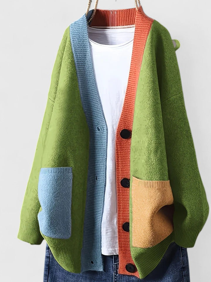 Damen-Cardigan mit Farbblockdesign und offenem Vorderteil | Gemütlicher lässiger Cardigan mit auffälligem Kontrastrand und Knöpfen | Lässige Strickkleidung für Herbst und Winter im Alltag