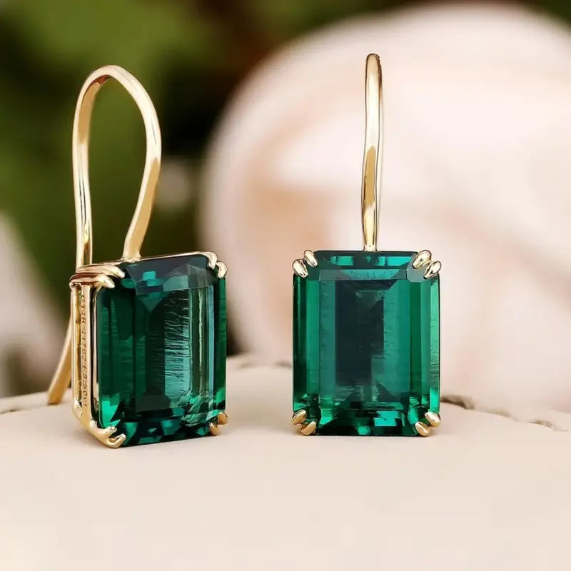 Women's Emerald Crystal Drop Earrings | Large Green Stone Elegant Gold Going Out Earrings | Elegant Going Out Jewellery Accessory
