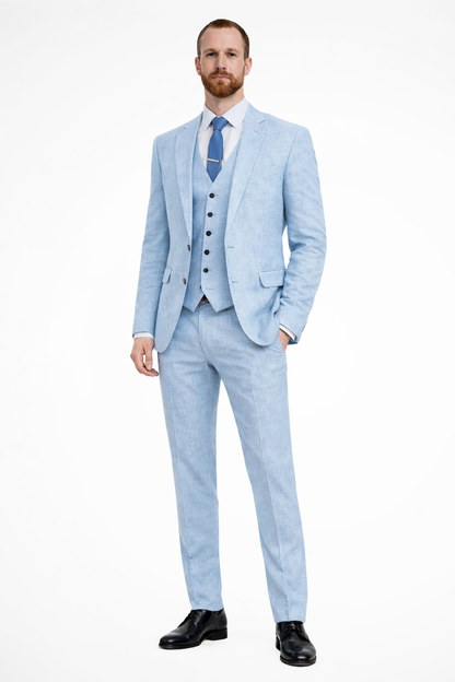 Men's Suit Three-Piece Linen | Blazer Waistcoat Trousers Wedding | Wedding Suit Light Blue Elegant