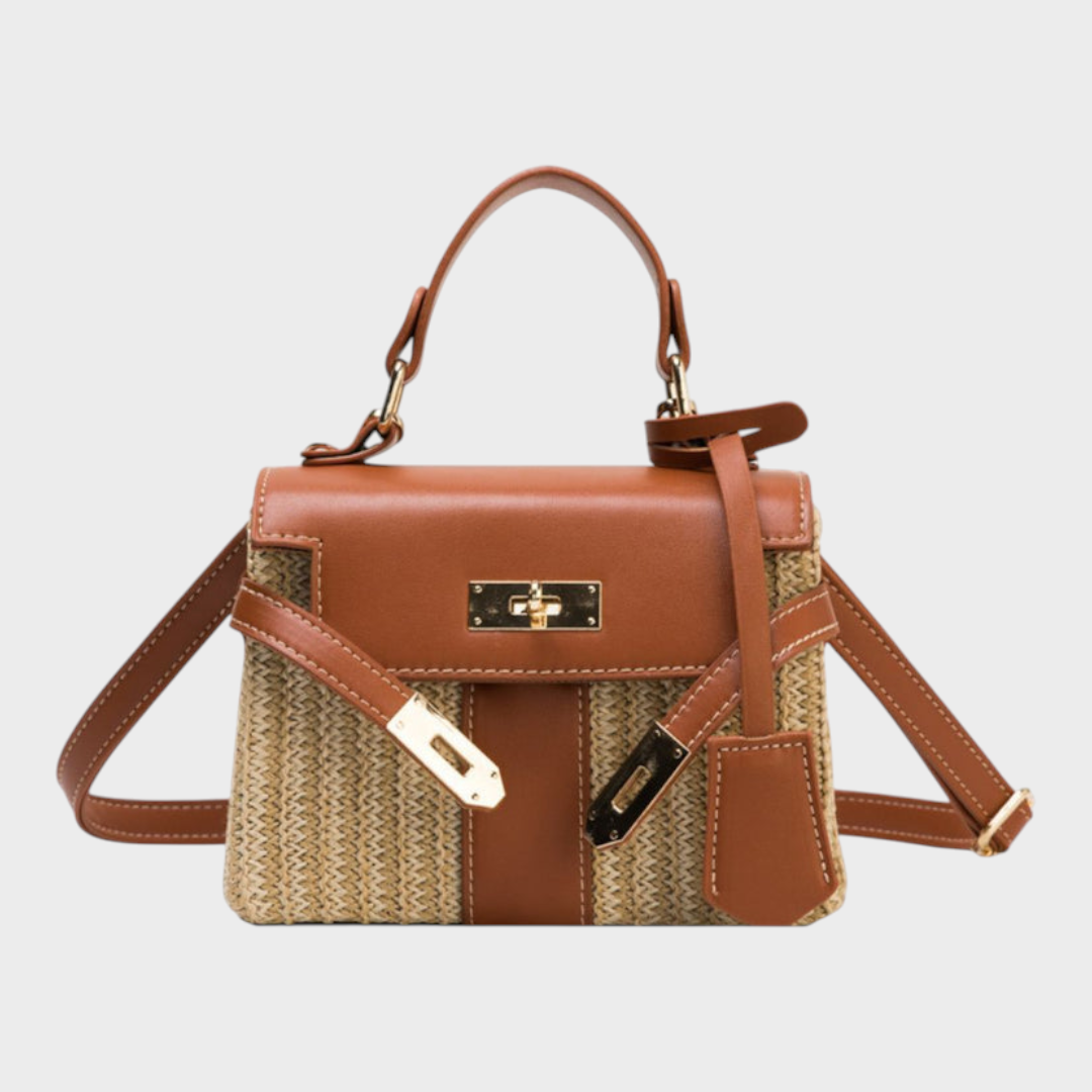 Women's Woven Straw Leather Mini Crossbody Bag | Tan Turn-Lock Smart Casual Everyday Handbag | Smart Casual Going Out Everyday Bag