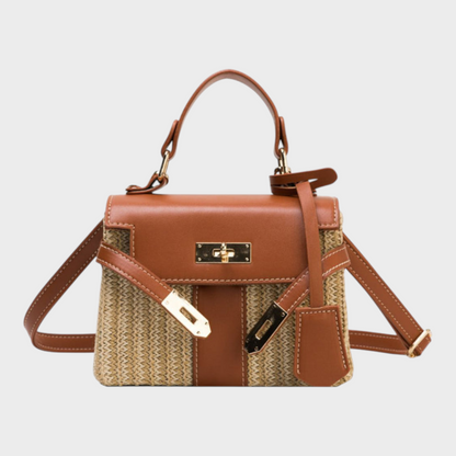 Women's Woven Straw Leather Mini Crossbody Bag | Tan Turn-Lock Smart Casual Everyday Handbag | Smart Casual Going Out Everyday Bag