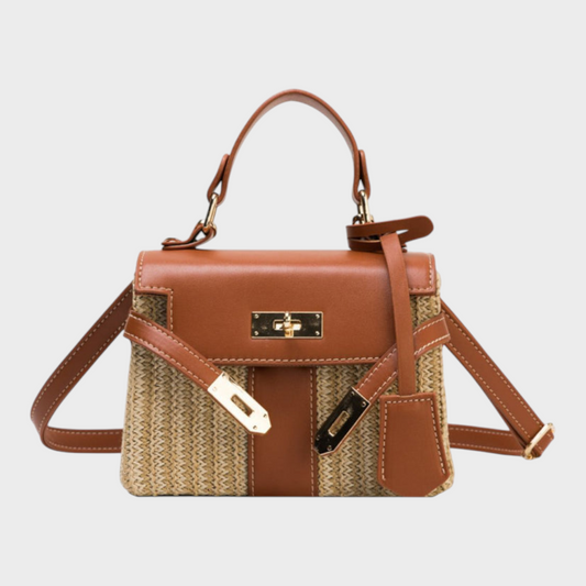Women's Woven Straw Leather Mini Crossbody Bag | Tan Turn-Lock Smart Casual Everyday Handbag | Smart Casual Going Out Everyday Bag