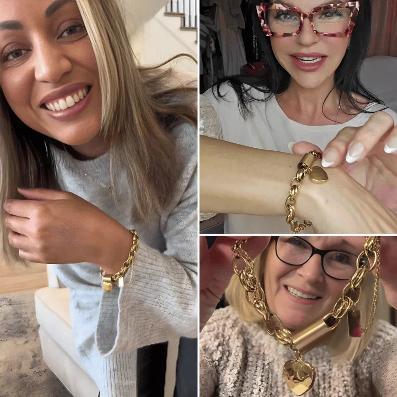 Women's Chunky Gold Chain Bracelet | Lock Charm Pearl Heart Pendant Casual Everyday Bracelet | Casual Going Out Jewellery Accessory