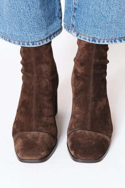 Stiefeletten für Damen aus Veloursleder mit Blockabsatz | Lässige Stiefel mit senffarbener Leoparden-Zehenkappe zum Ausgehen | Elegant-lässige Stiefel für Herbst und Winter