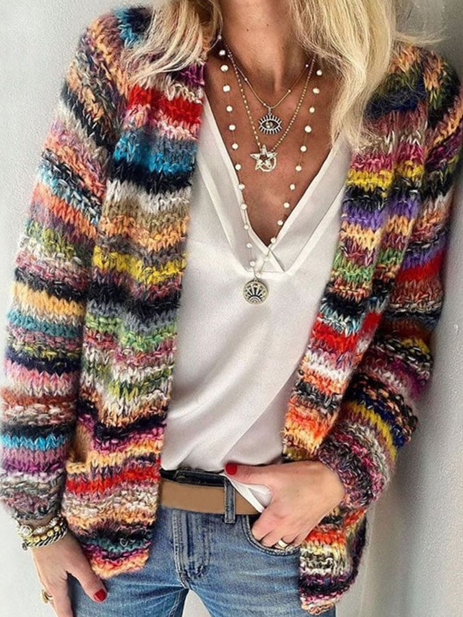 Women's Colorful Cardigan – Red Patterned Knit Jacket