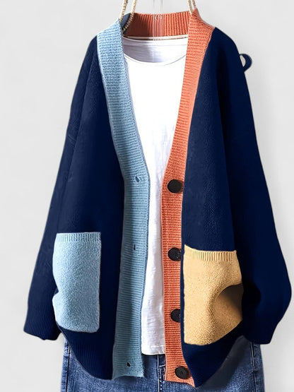 Damen-Cardigan mit Farbblockdesign und offenem Vorderteil | Gemütlicher lässiger Cardigan mit auffälligem Kontrastrand und Knöpfen | Lässige Strickkleidung für Herbst und Winter im Alltag