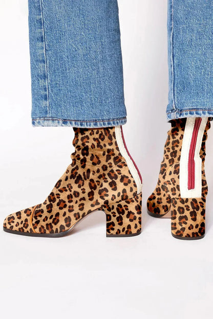 Stiefeletten für Damen aus Veloursleder mit Blockabsatz | Lässige Stiefel mit senffarbener Leoparden-Zehenkappe zum Ausgehen | Elegant-lässige Stiefel für Herbst und Winter