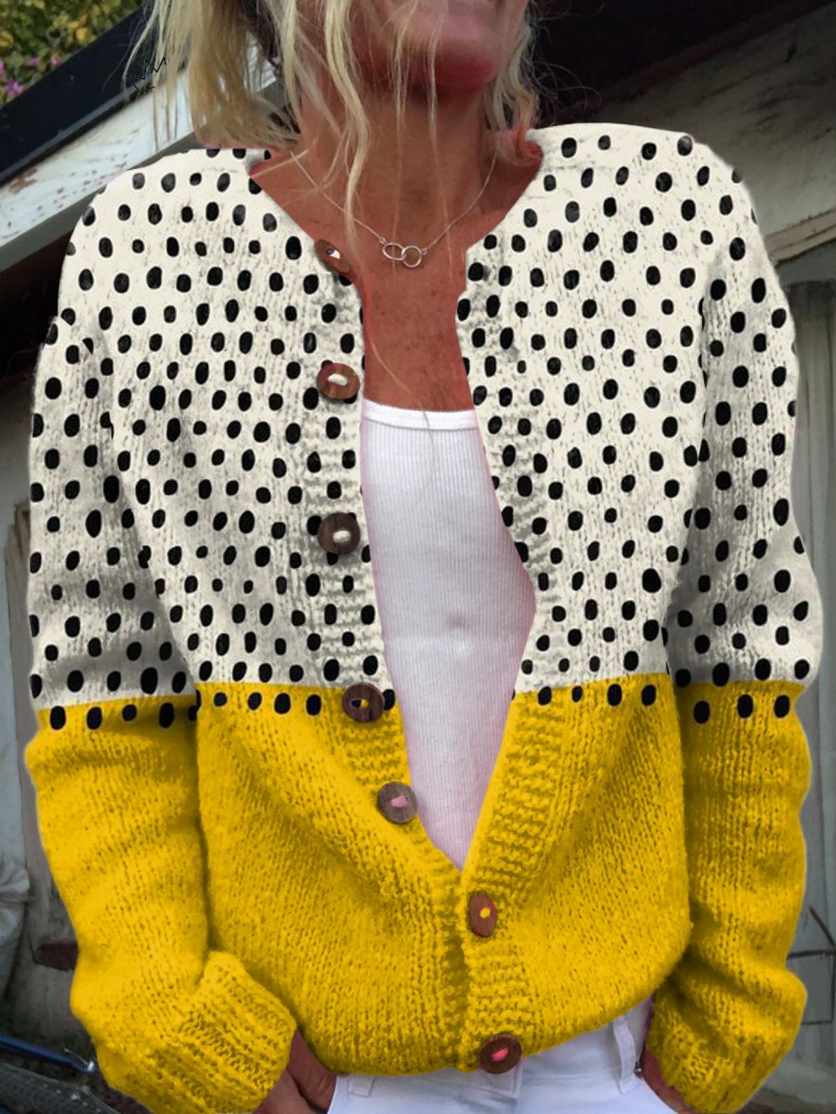Women's Polka Dot Colour-Block Knit Cardigan | Bold Pattern Button Casual Everyday Cardigan | Smart Casual Everyday Autumn Winter Knitwear