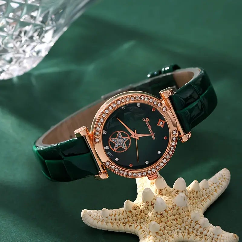 Damen-Geschenkset mit grünem Kristallschmuck | Set aus Uhr, Armband, Ohrringen und Halskette mit Smaragd-Kristallen | Elegantes Schmuckset zum Ausgehen