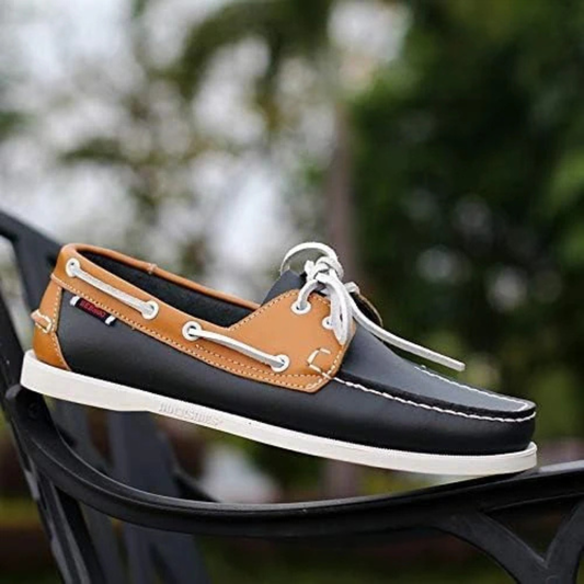 Men's Two-Tone Leather Boat Shoes | Classic Navy Tan Casual Smart Everyday Loafers | Smart Casual Summer Holiday Everyday Shoes