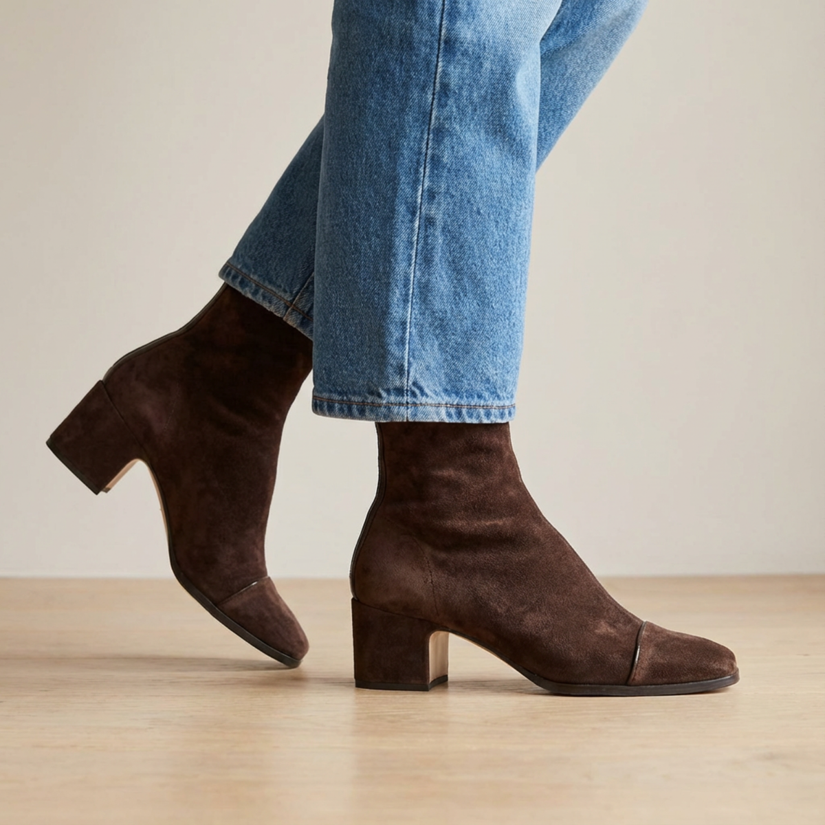 Stiefeletten für Damen aus Veloursleder mit Blockabsatz | Lässige Stiefel mit senffarbener Leoparden-Zehenkappe zum Ausgehen | Elegant-lässige Stiefel für Herbst und Winter