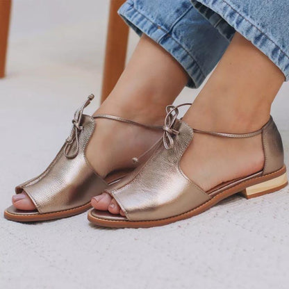 Elegant Flat Metallic Women's Sandals | Women's Strappy Summer Bow Sandals | Glossy Comfortable Flat Women's Sandals