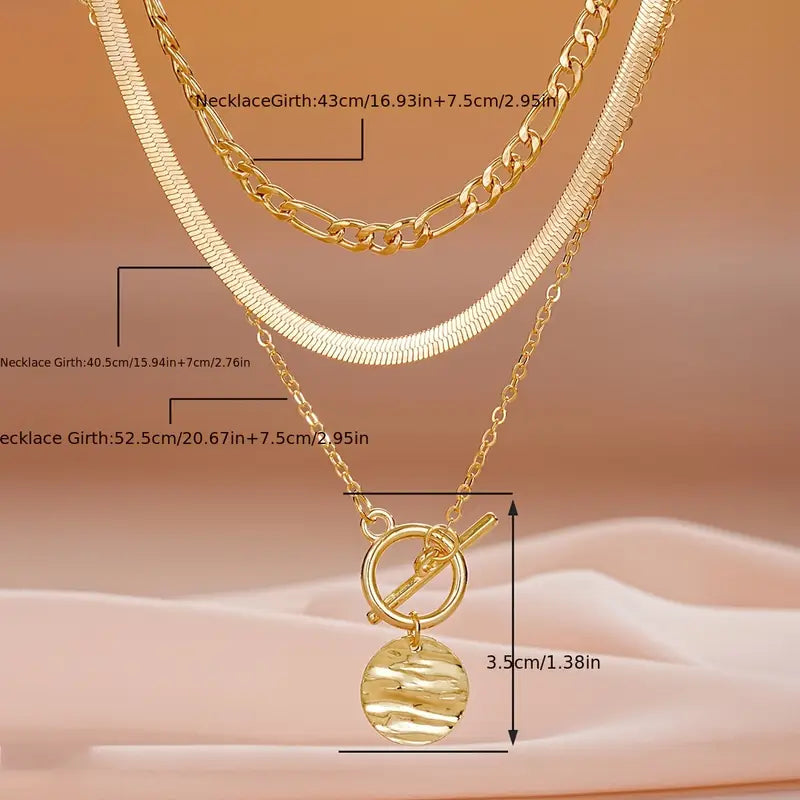 Damen-Set aus mehreren goldfarbenen Halsketten | 3-teiliges Set mit Fischgrätkette, Perlen- und Münzanhänger | Lässiger Alltagsschmuck zum Ausgehen