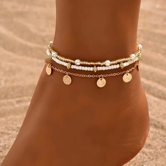 Women's 3-Layer Beaded Gold Anklet Set | Pearl Seed Bead Coin Charm Casual Summer Anklet | Casual Holiday Everyday Jewellery