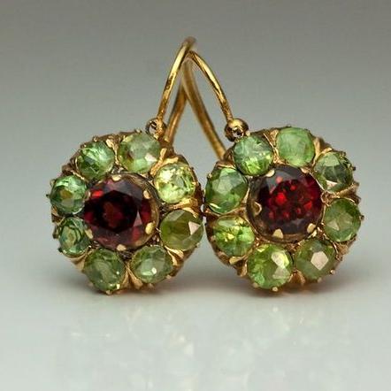Women's Vintage Garnet and Peridot Drop Earrings | Antique Gold Crystal Cluster Going Out Earrings | Elegant Jewellery Accessory