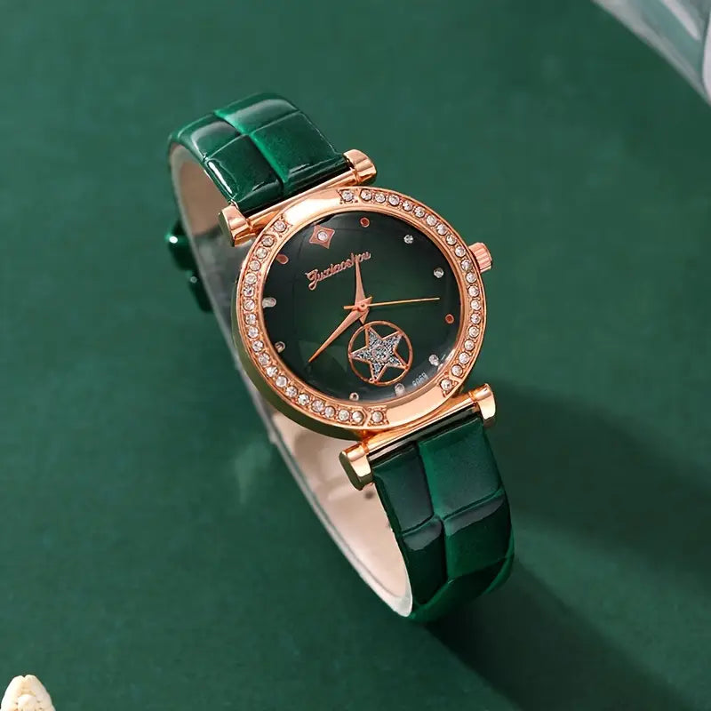 Damen-Geschenkset mit grünem Kristallschmuck | Set aus Uhr, Armband, Ohrringen und Halskette mit Smaragd-Kristallen | Elegantes Schmuckset zum Ausgehen