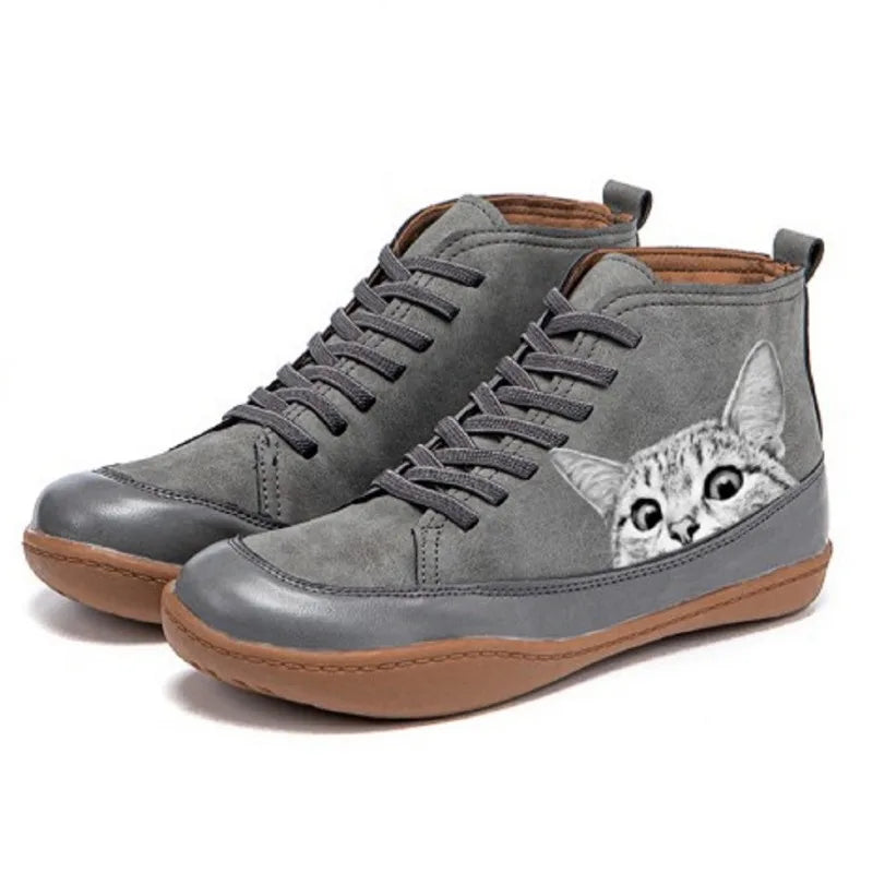 Women's Cat Print High-Top Lace-Up Boots | Fun Novelty Leather-Look Ankle Boots | Casual Everyday Streetwear Shoes
