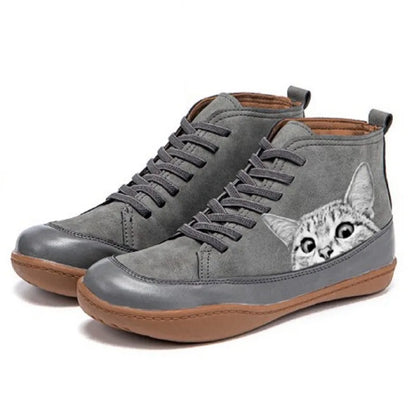 Women's Cat Print High-Top Lace-Up Boots | Fun Novelty Leather-Look Ankle Boots | Casual Everyday Streetwear Shoes