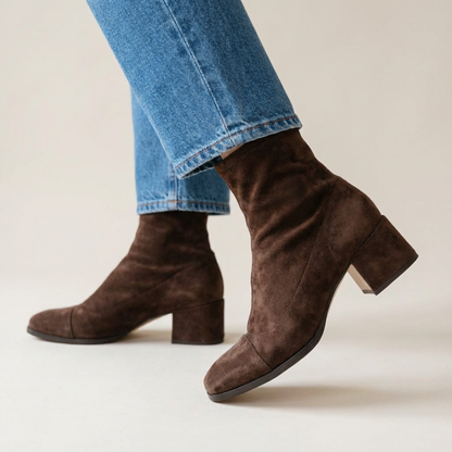 Stiefeletten für Damen aus Veloursleder mit Blockabsatz | Lässige Stiefel mit senffarbener Leoparden-Zehenkappe zum Ausgehen | Elegant-lässige Stiefel für Herbst und Winter