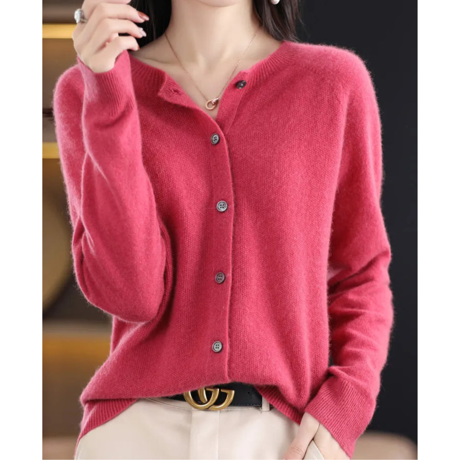 Women's Round Neck Cardigan – Soft Knit Sweater with Button Details