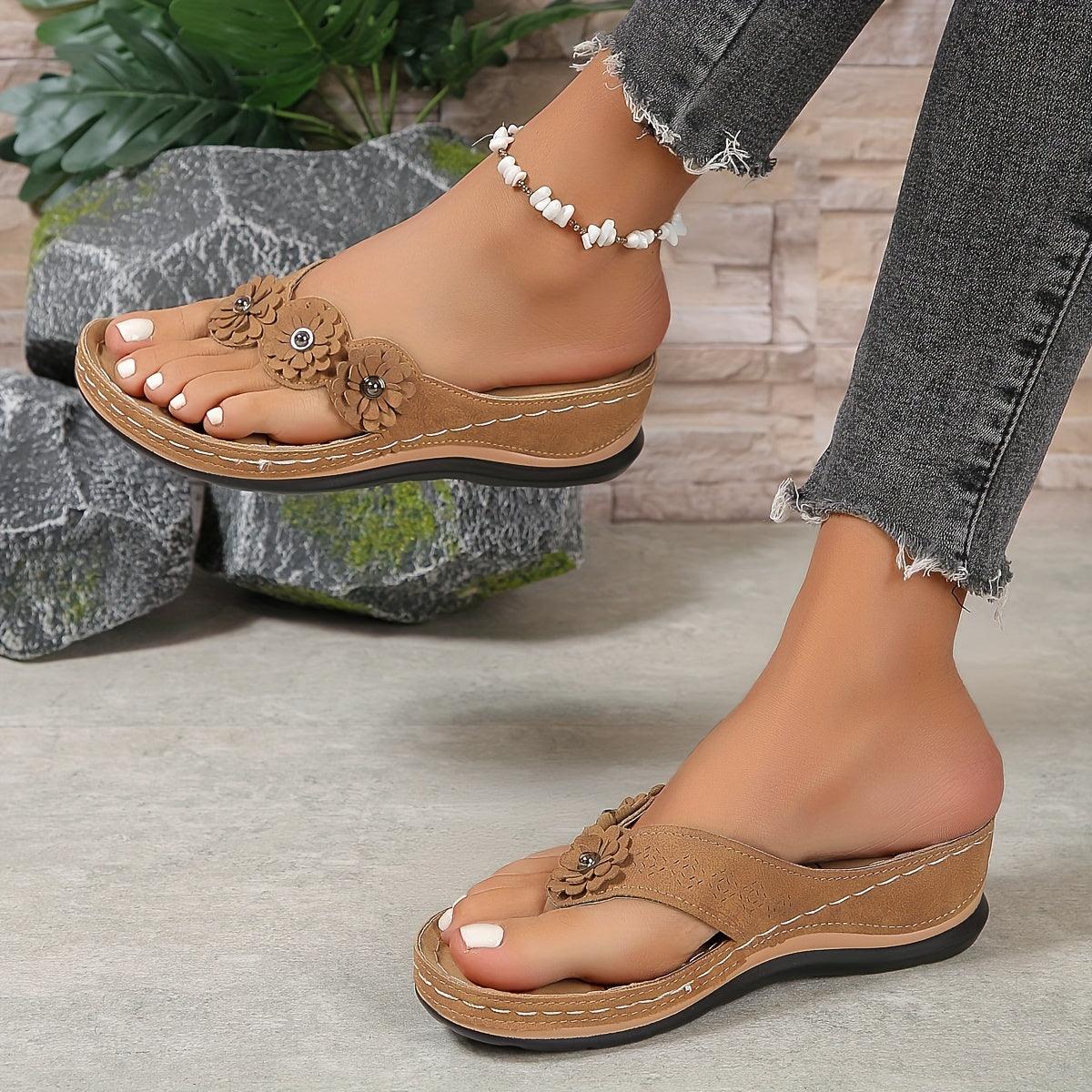 Damen Blumen-Wedgesandalen | Orthopädische Plateau-Sandalen mit Riemchen | Bequeme Elegante Sommerschuhe