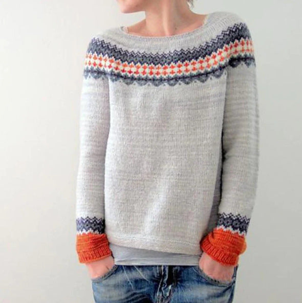 Retro Pullover Dame – Blå Striktrøje med Vintage Mønster
