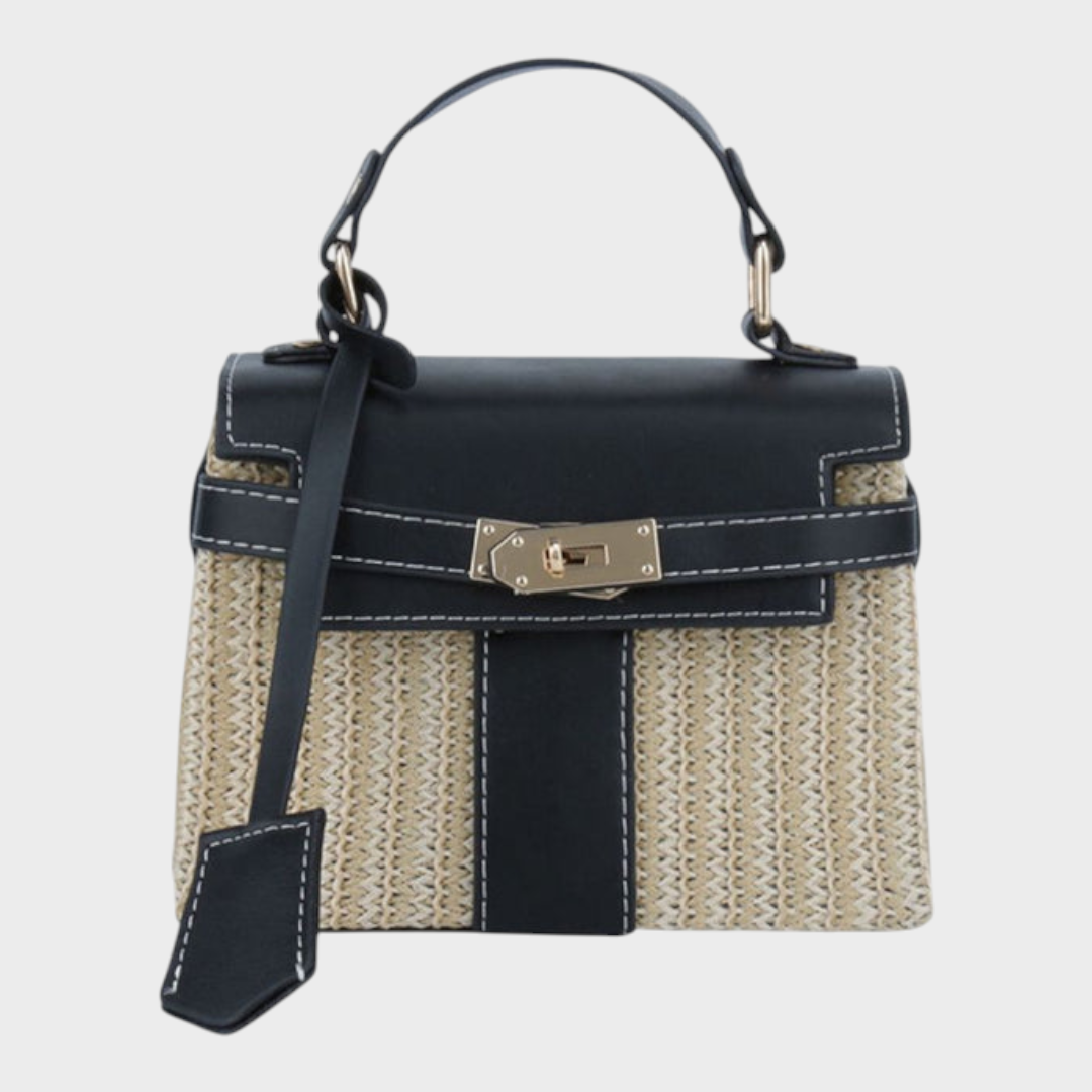 Women's Woven Straw Leather Mini Crossbody Bag | Tan Turn-Lock Smart Casual Everyday Handbag | Smart Casual Going Out Everyday Bag