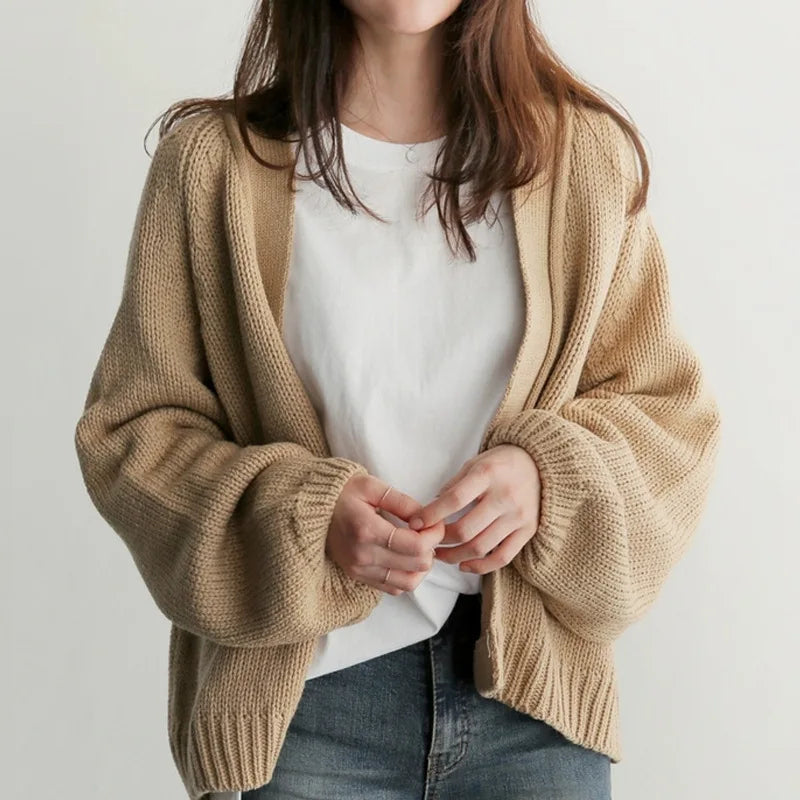Women's Knit Cardigan – Beige Lounge Cardigan with Oversized Sleeves