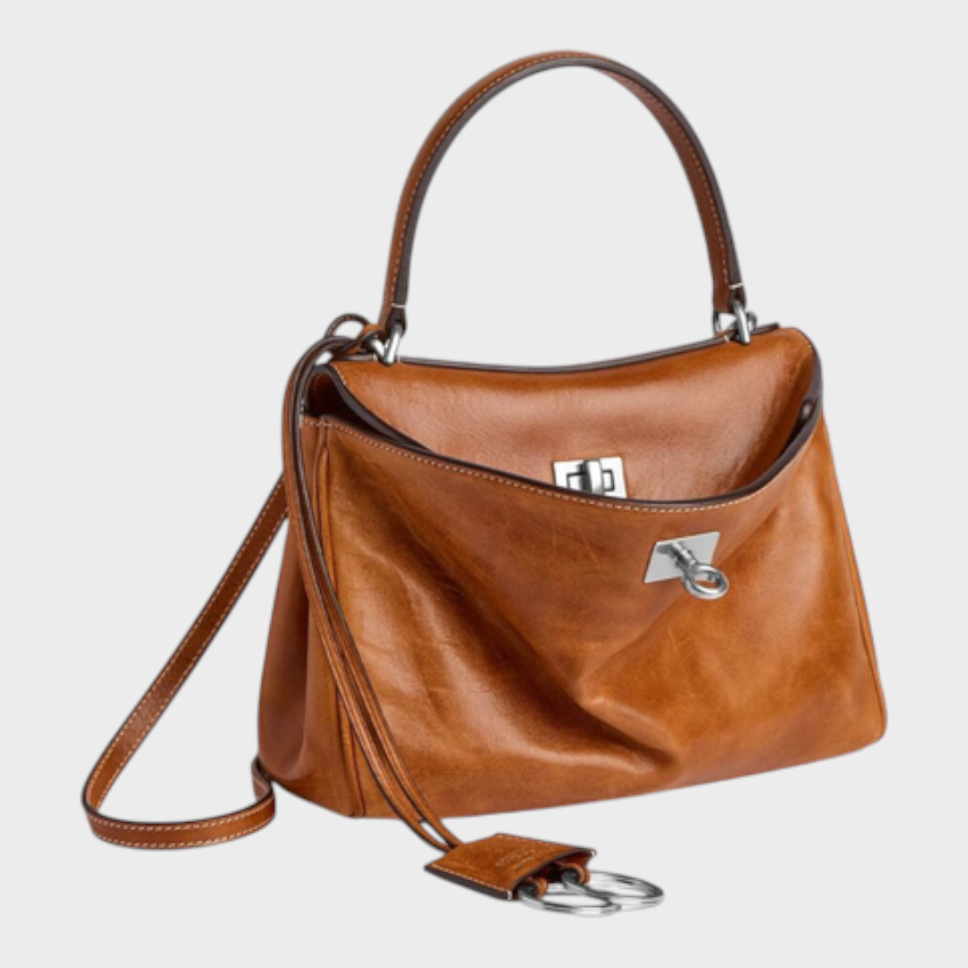 Ledertasche für Damen mit Tragegriff | Strukturierte bordeauxrote Umhängetasche mit Drehverschluss | Elegant-lässige Alltagstasche zum Ausgehen